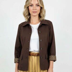 Versatile Chico's Brown Jacket with Unique Animal Print Cuffs & Lining, Size 2